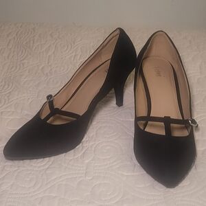 Fioni Black Suede Mary Jane T Strap Heels